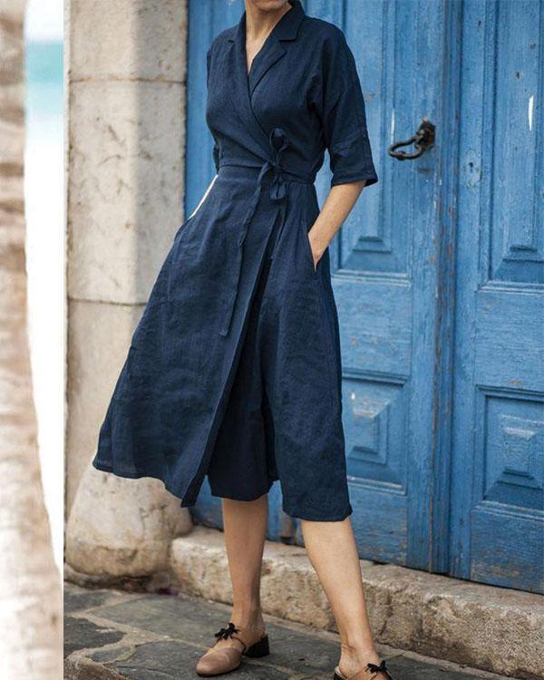 Echoarchiv | Baumwoll-Leinen Gürtelkragen Kleid