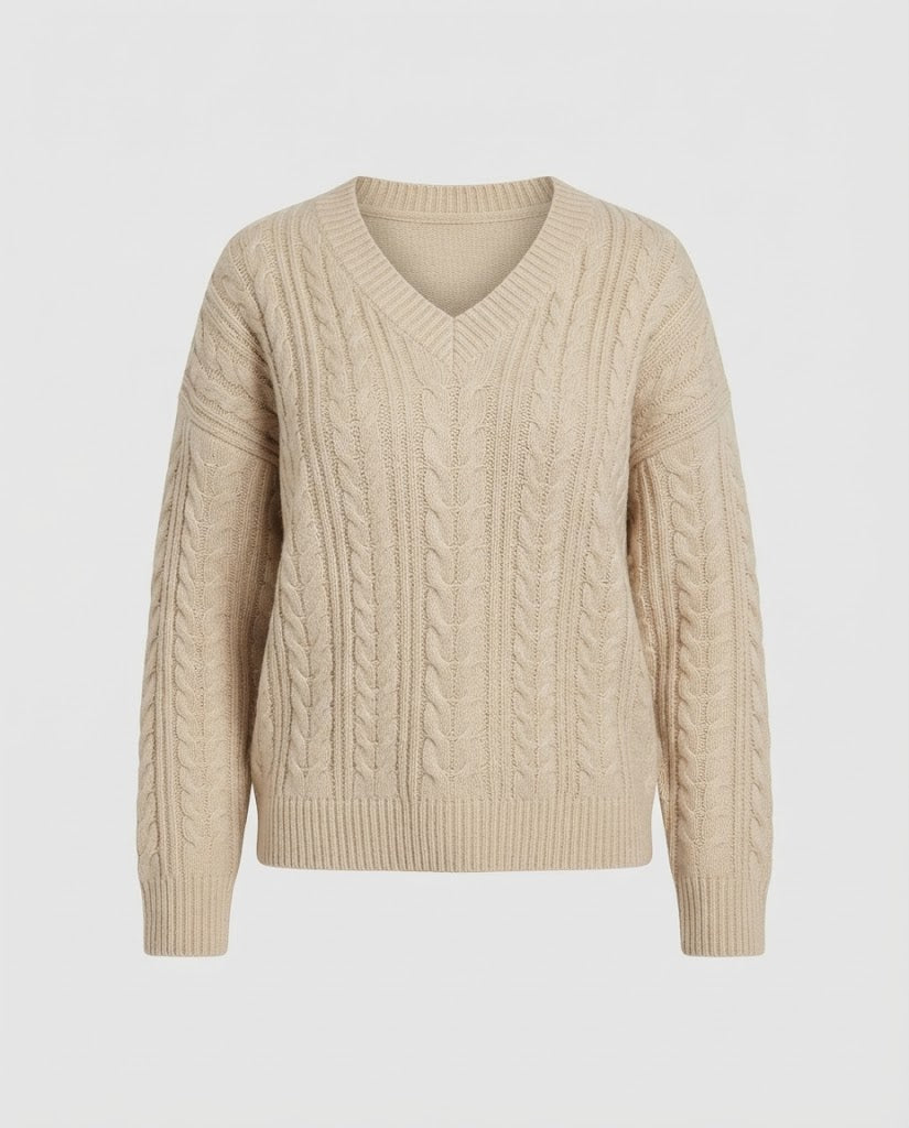Damen Oversize Zopfmuster V‑Ausschnitt Strickpullover mit verlängerten Ärmeln Echo Archiv