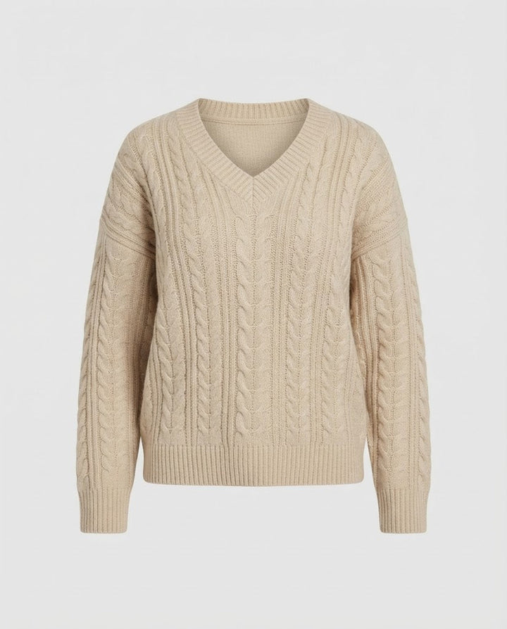 Damen Oversize Zopfmuster V‑Ausschnitt Strickpullover mit verlängerten Ärmeln Echo Archiv