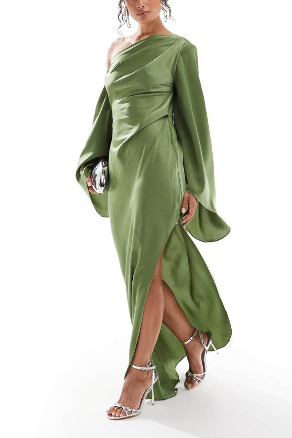 Echoarchiv | Zayla Satin Asymmetrisches Ein Schulter Glockenärmel Schlitz Maxi Kleid