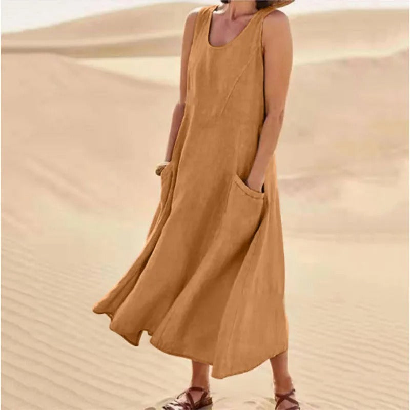 Echoarchiv - Leinen-Baumwoll-Ärmelloses Kleid für Frauen
