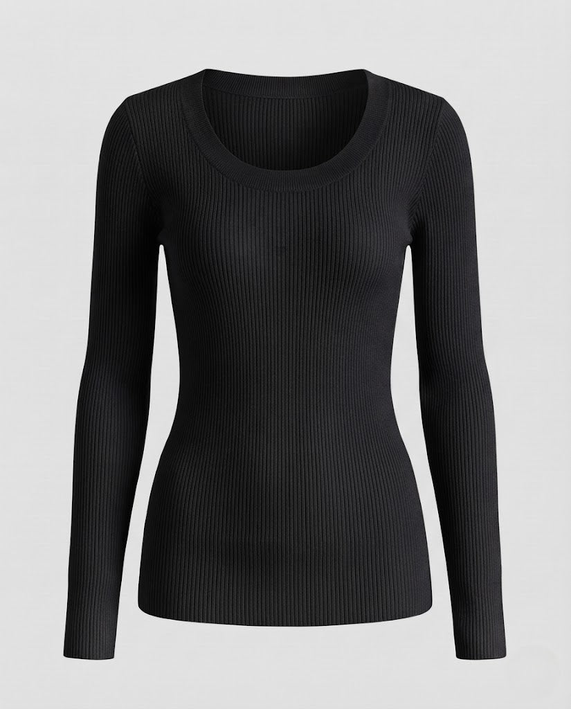 Damen Feiner Rippstrick-Longsleeve mit breitem Rundhalsausschnitt und taillierter Silhouette Echoarchiv