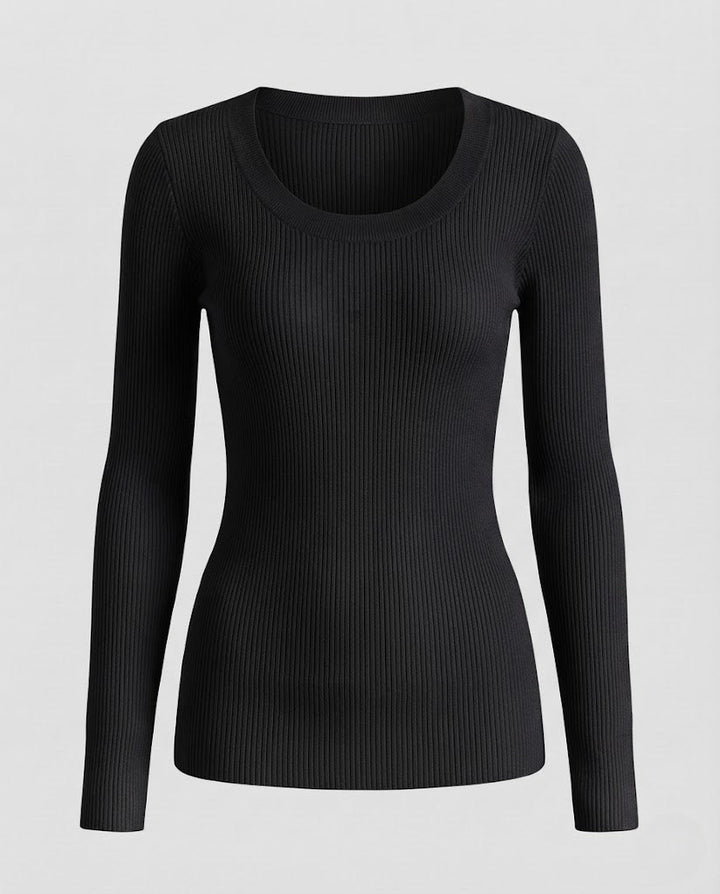 Damen Feiner Rippstrick-Longsleeve mit breitem Rundhalsausschnitt und taillierter Silhouette Echoarchiv