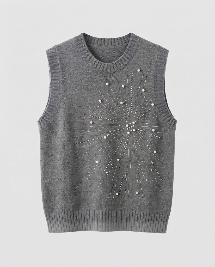 Damen Ärmellose Feinstrickweste mit Perlen- und Strass-Sonnenmotiv Echoarchiv