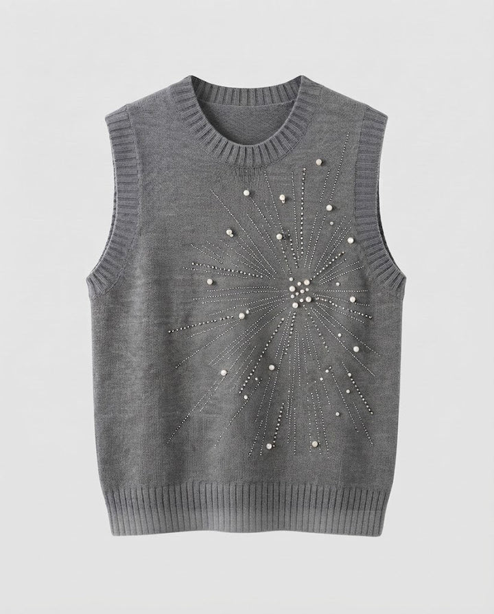 Damen Ärmellose Feinstrickweste mit Perlen- und Strass-Sonnenmotiv Echoarchiv