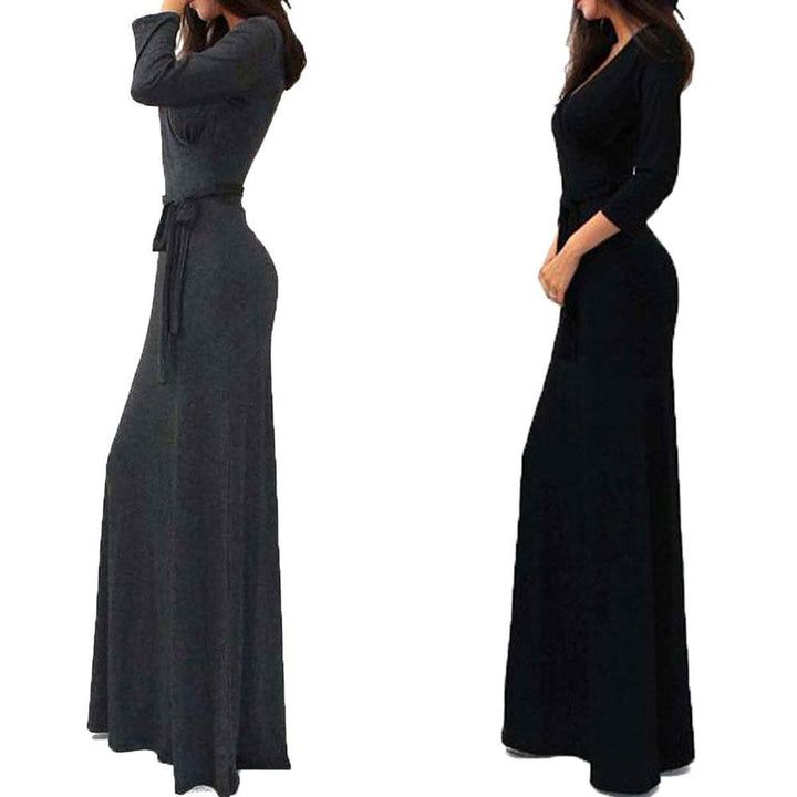 Damen Wickel‑Maxikleid mit Taillenschärpe, figurbetonter Silhouette & 3/4‑Ärmeln Echoarchiv