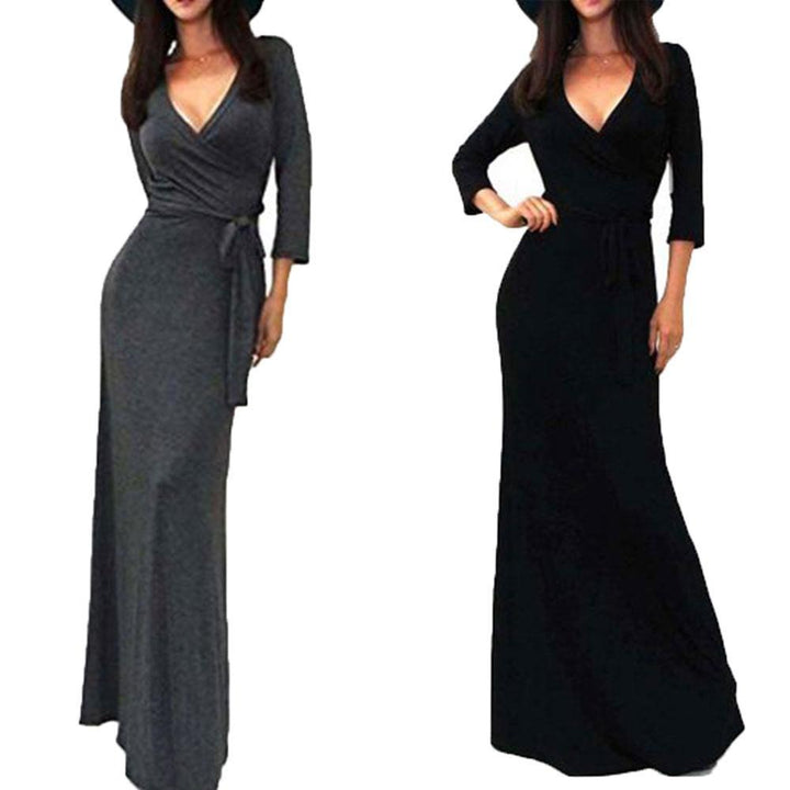 Damen Wickel‑Maxikleid mit Taillenschärpe, figurbetonter Silhouette & 3/4‑Ärmeln Echoarchiv