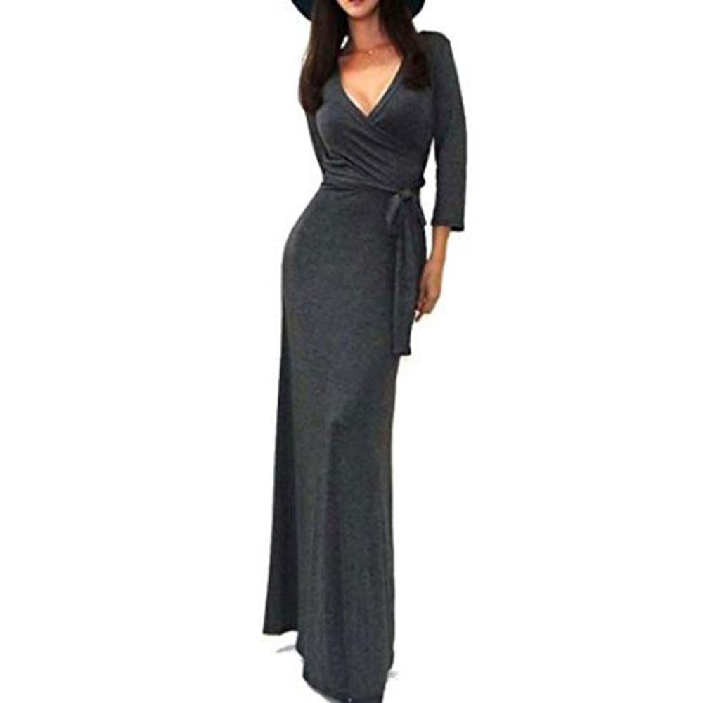 Damen Wickel‑Maxikleid mit Taillenschärpe, figurbetonter Silhouette & 3/4‑Ärmeln Echoarchiv