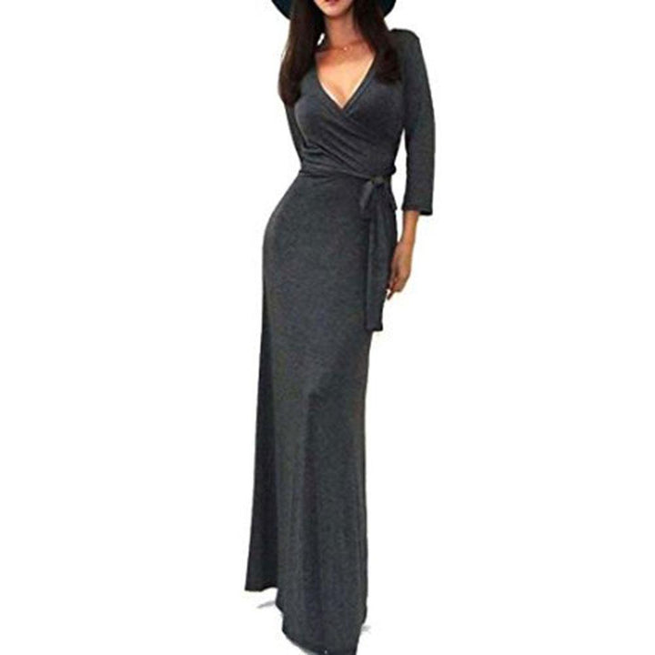 Damen Wickel‑Maxikleid mit Taillenschärpe, figurbetonter Silhouette & 3/4‑Ärmeln Echoarchiv