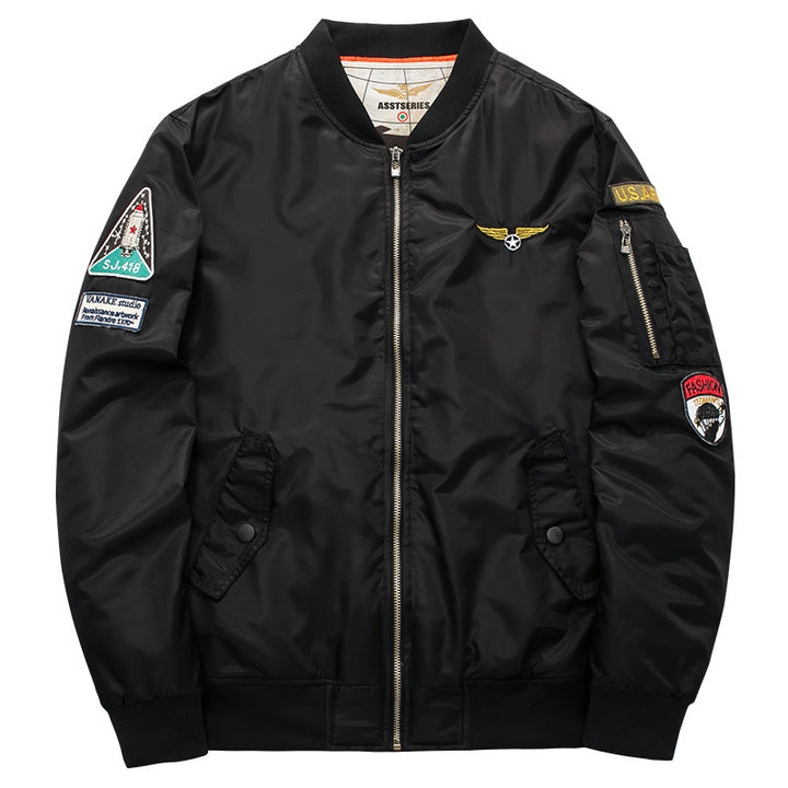 Men's pilot-inspired patch-detail nylon flight jacket with sleeve zip pocket – Taviero