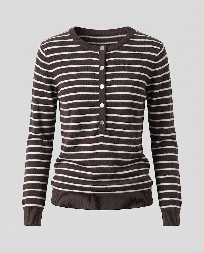 Damen Gestreifter Henley-Feinstrickpullover mit Knopfleiste Echoarchiv
