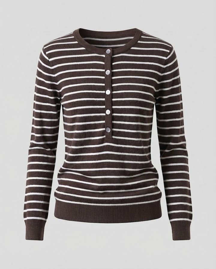 Damen Gestreifter Henley-Feinstrickpullover mit Knopfleiste Echoarchiv