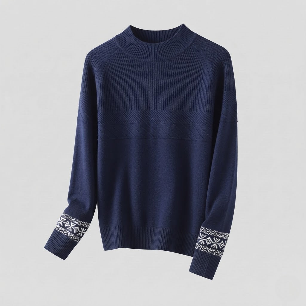 Damen Feinstrick-Pullover mit kurzem Stehkragen, strukturierter Passe und Norweger-Motiv am Ärmelsaum Echoarchiv