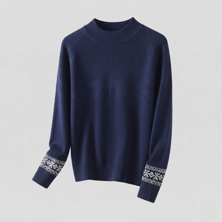 Damen Feinstrick-Pullover mit kurzem Stehkragen, strukturierter Passe und Norweger-Motiv am Ärmelsaum Echoarchiv