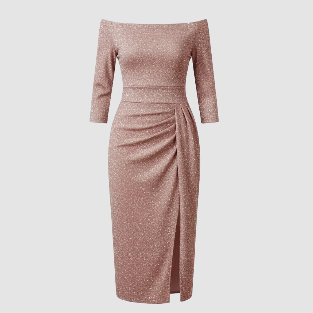 Elegantes Hochzeitsgast Kleid Off Shoulder Lang Satin | Echoarchiv