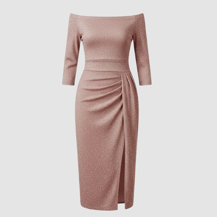 Elegantes Hochzeitsgast Kleid Off Shoulder Lang Satin | Echoarchiv