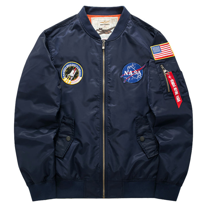 Men's pilot-style nylon flight bomber jacket with embroidered aerospace patches and sleeve zip utility pocket – Brevano