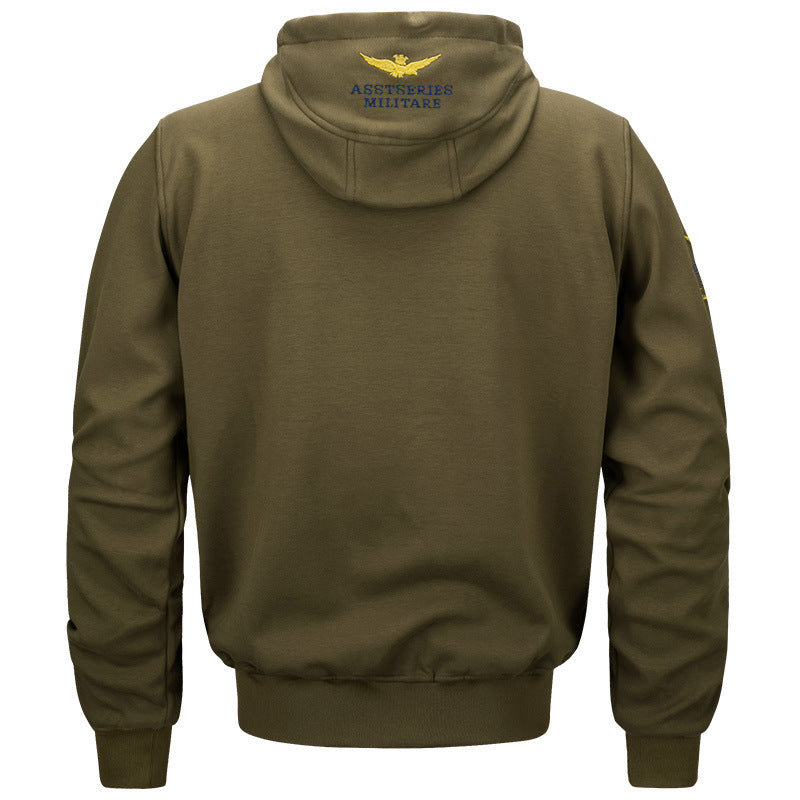 Men's military inspired cotton-blend hooded sweatshirt with ribbed cuffs and embroidered insignia – Cavarno