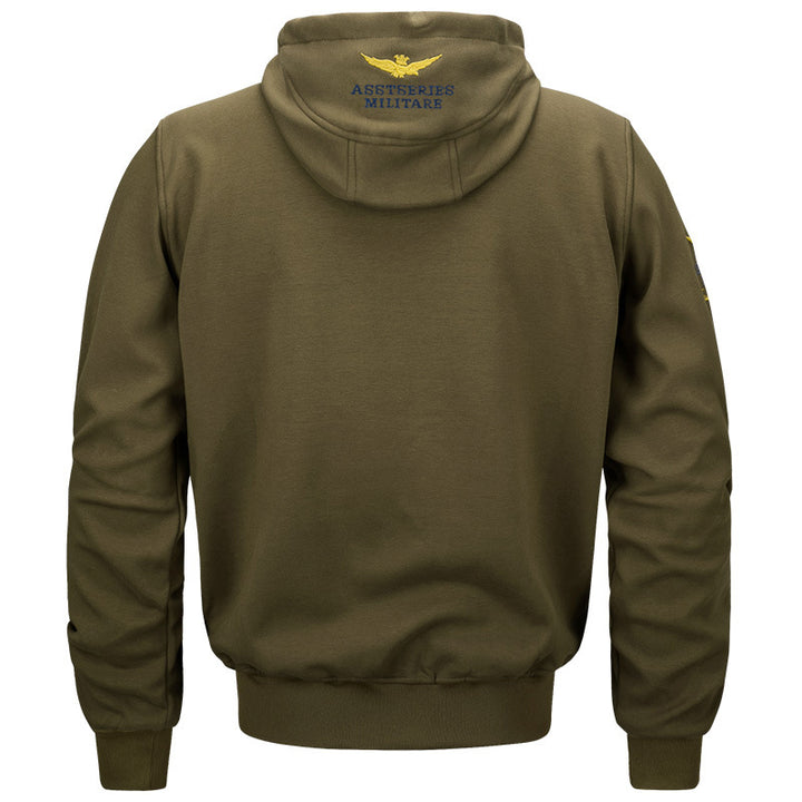 Men's military inspired cotton-blend hooded sweatshirt with ribbed cuffs and embroidered insignia – Cavarno