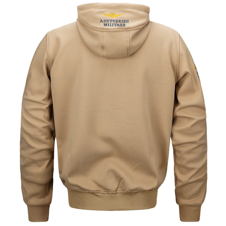 Men's military inspired cotton-blend hooded sweatshirt with ribbed cuffs and embroidered insignia – Cavarno