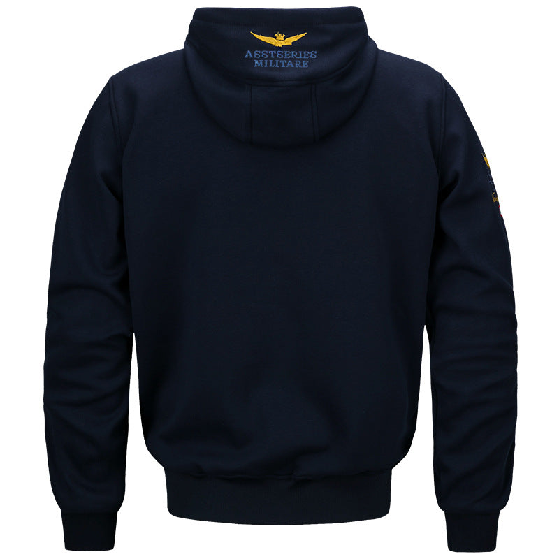 Men's military inspired cotton-blend hooded sweatshirt with ribbed cuffs and embroidered insignia – Cavarno