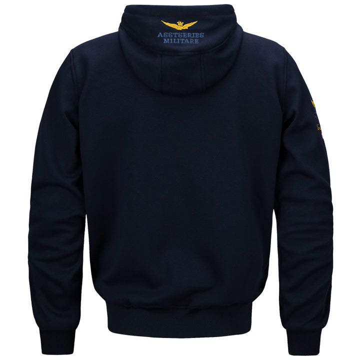 Men's military inspired cotton-blend hooded sweatshirt with ribbed cuffs and embroidered insignia – Cavarno