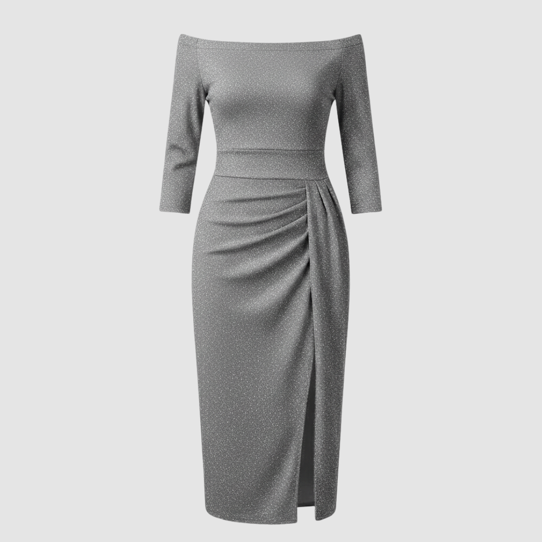 Elegantes Hochzeitsgast Kleid Off Shoulder Lang Satin | Echoarchiv