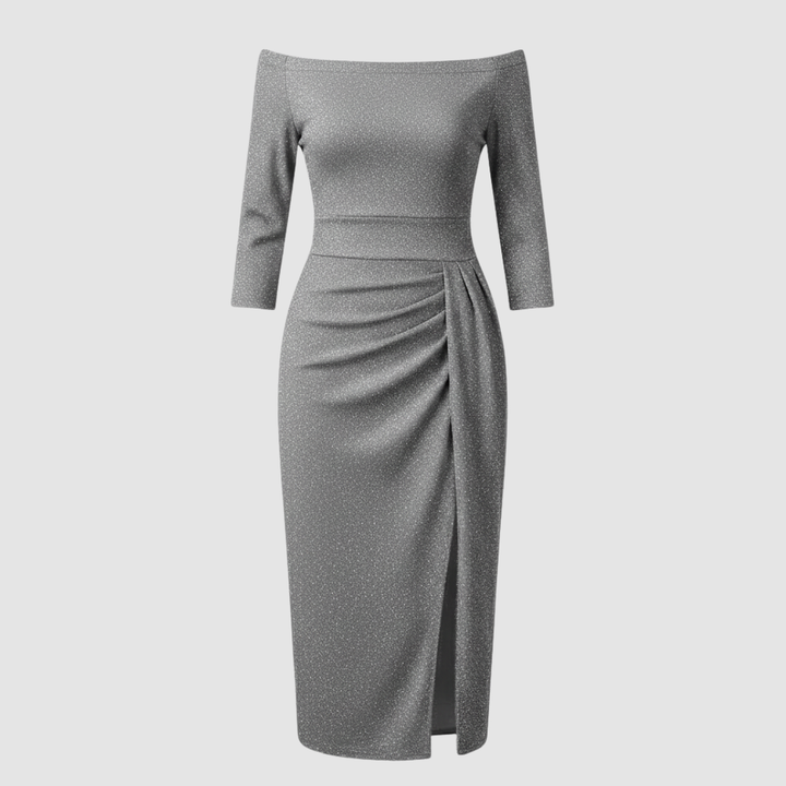 Elegantes Hochzeitsgast Kleid Off Shoulder Lang Satin | Echoarchiv