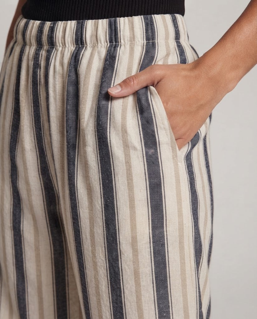 Damen Weite Leinenmischung-Hose mit elastischem Bund und vertikaler Streifenoptik Echo Archiv