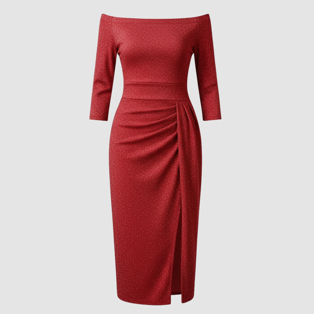 Elegantes Hochzeitsgast Kleid Off Shoulder Lang Satin | Echoarchiv