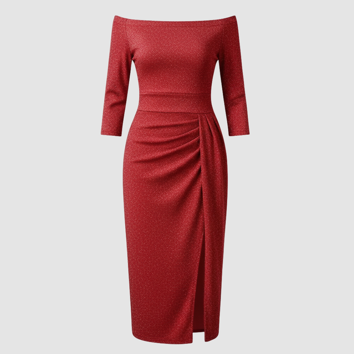 Elegantes Hochzeitsgast Kleid Off Shoulder Lang Satin | Echoarchiv
