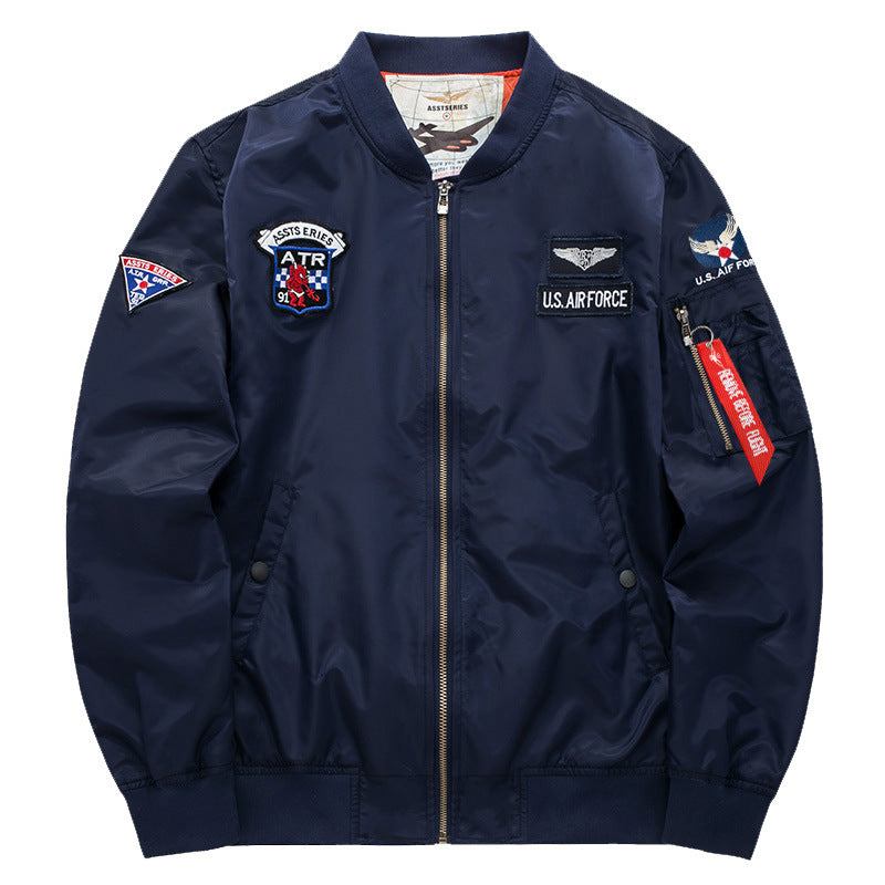 Men's vintage aviation patch satin-lined bomber jacket with sleeve zipper utility pocket – Brevano