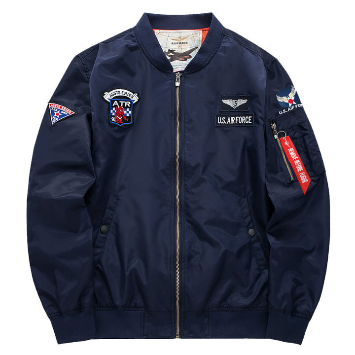 Men's vintage aviation patch satin-lined bomber jacket with sleeve zipper utility pocket – Brevano