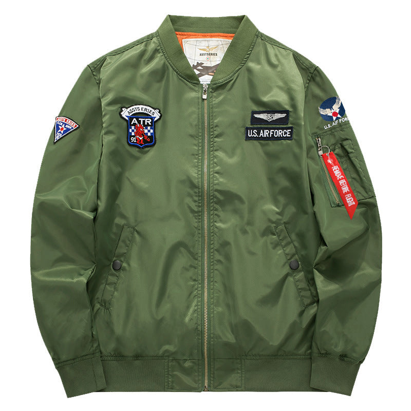 Men's vintage aviation patch satin-lined bomber jacket with sleeve zipper utility pocket – Brevano