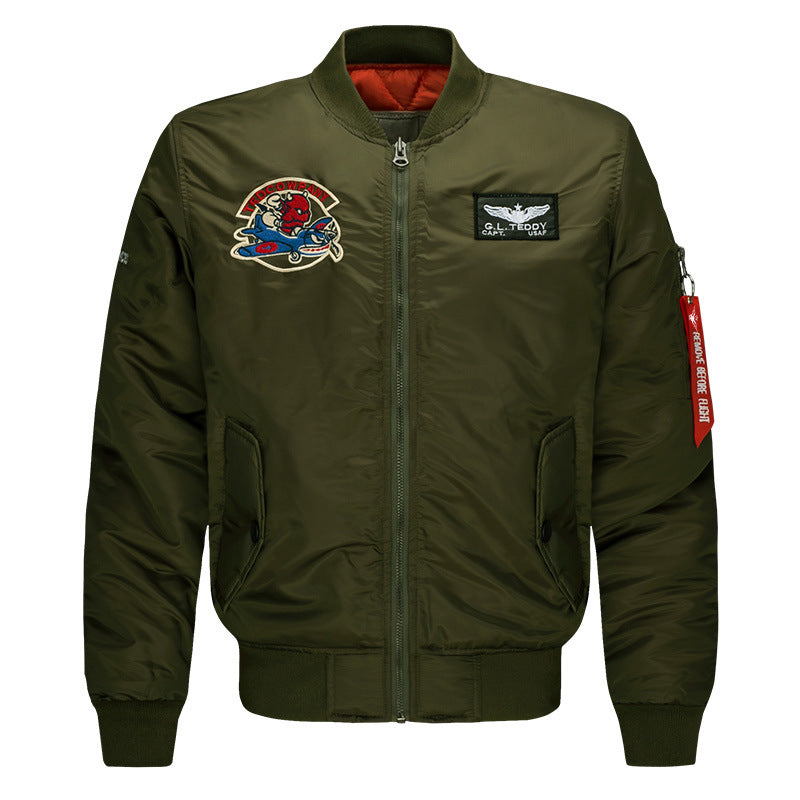 Men's low-profile flight bomber with embroidered crests sleeve zipper utility pocket and insulated orange lining – Brevano