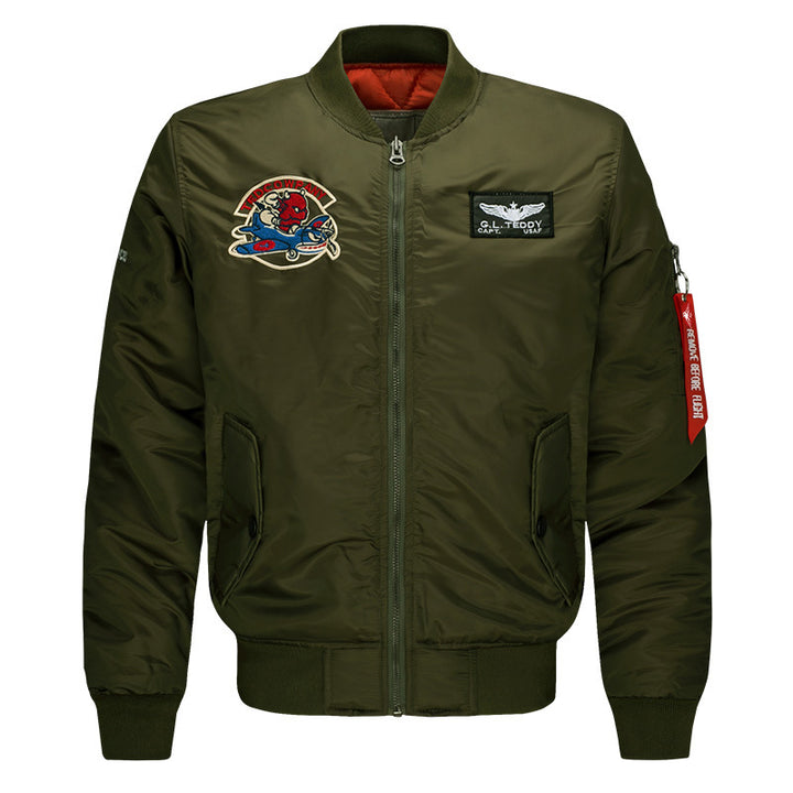 Men's low-profile flight bomber with embroidered crests sleeve zipper utility pocket and insulated orange lining – Brevano