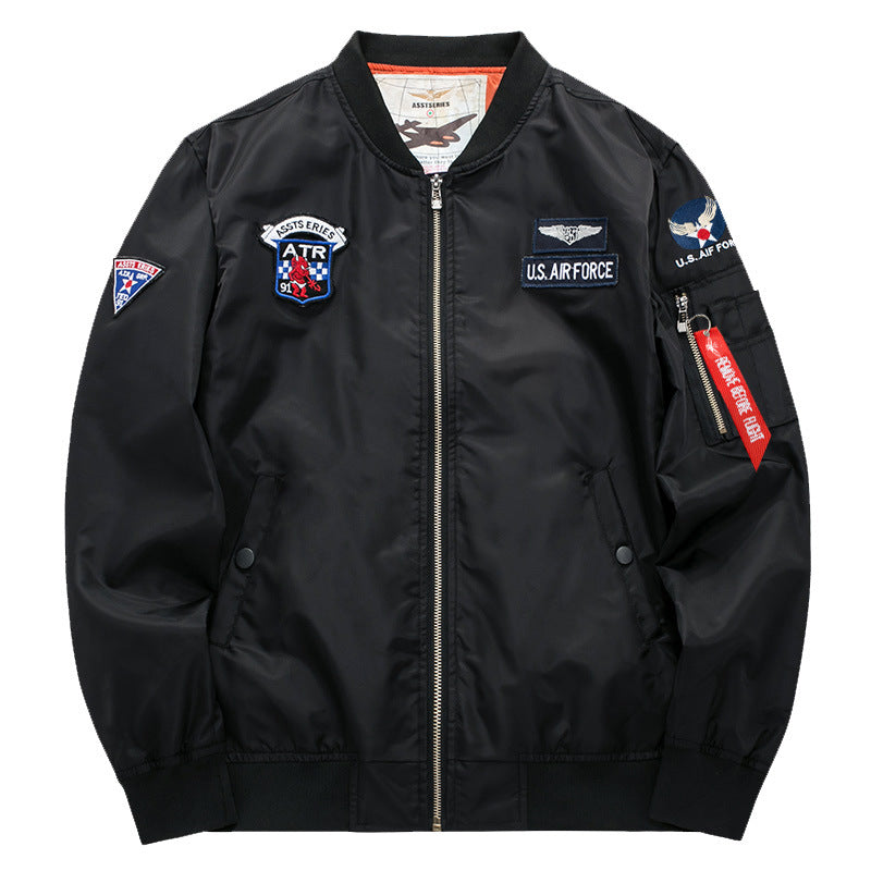 Men's vintage aviation patch satin-lined bomber jacket with sleeve zipper utility pocket – Brevano