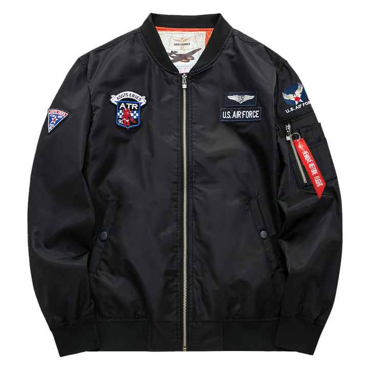 Men's vintage aviation patch satin-lined bomber jacket with sleeve zipper utility pocket – Brevano