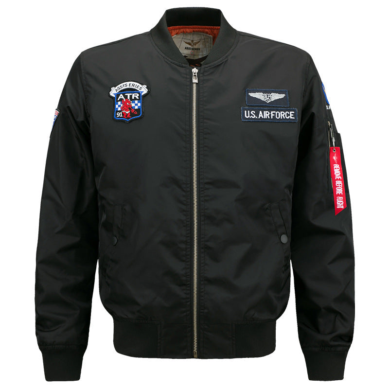 Men's vintage aviator zip bomber jacket with embroidered squadron badges and tool-ring sleeve pocket – Brevano