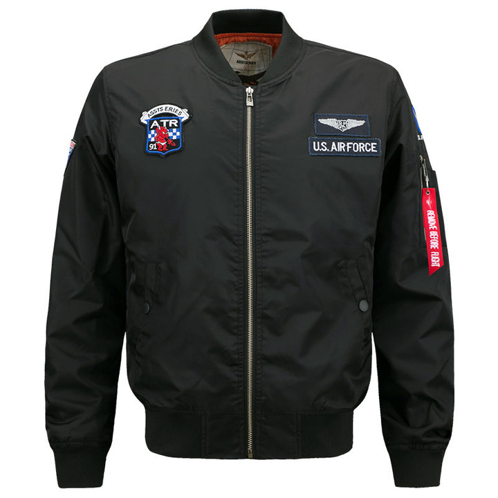 Men's vintage aviator zip bomber jacket with embroidered squadron badges and tool-ring sleeve pocket – Brevano