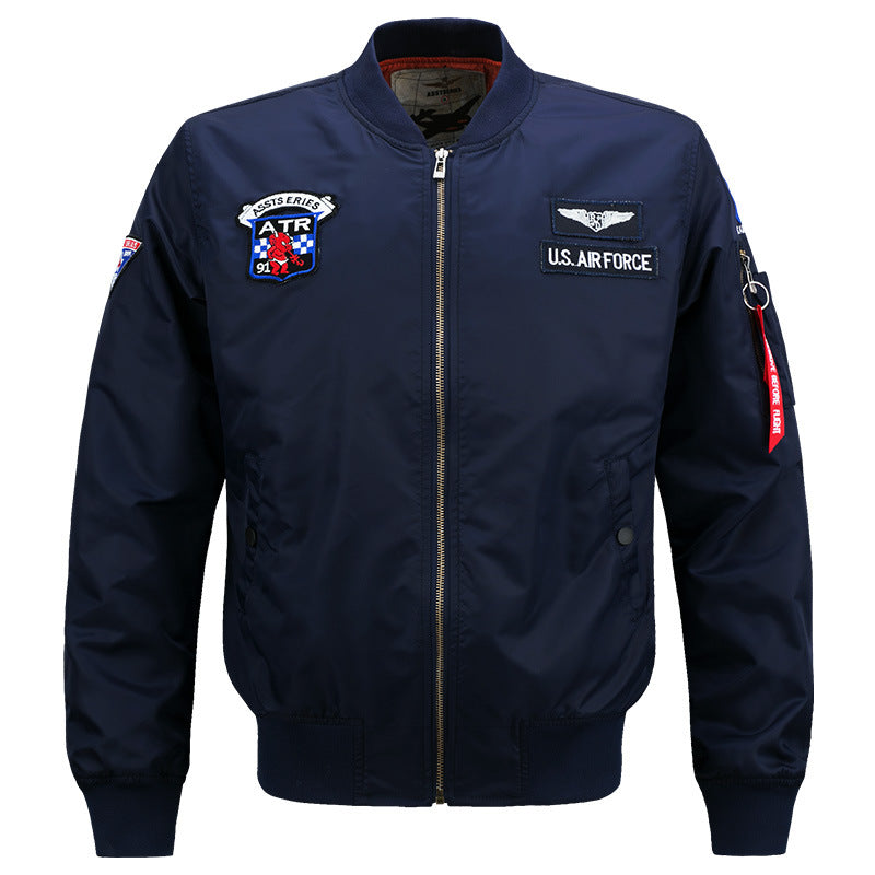 Men's vintage aviator zip bomber jacket with embroidered squadron badges and tool-ring sleeve pocket – Brevano