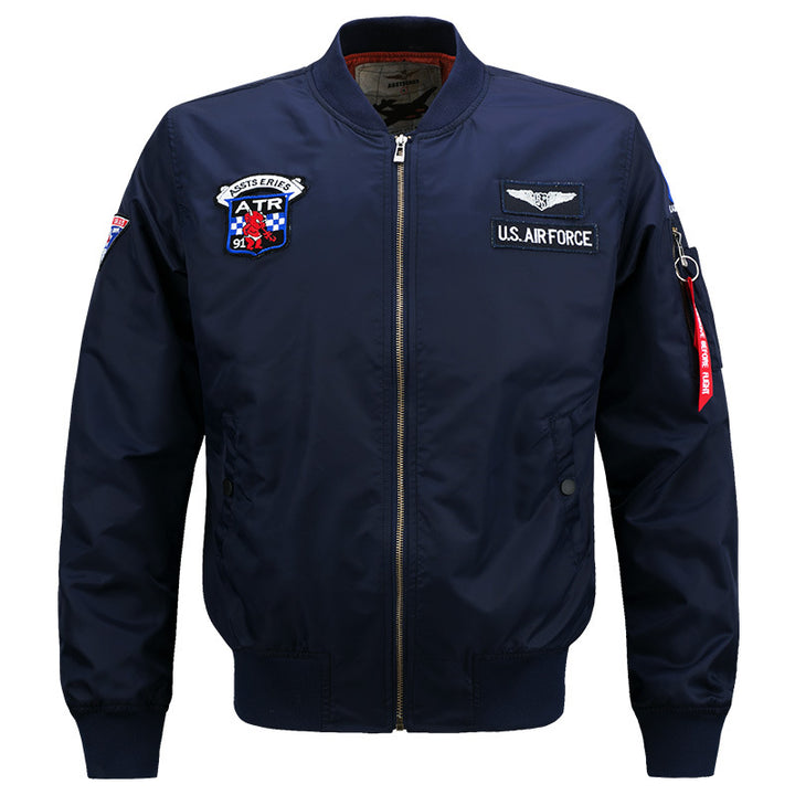 Men's vintage aviator zip bomber jacket with embroidered squadron badges and tool-ring sleeve pocket – Brevano