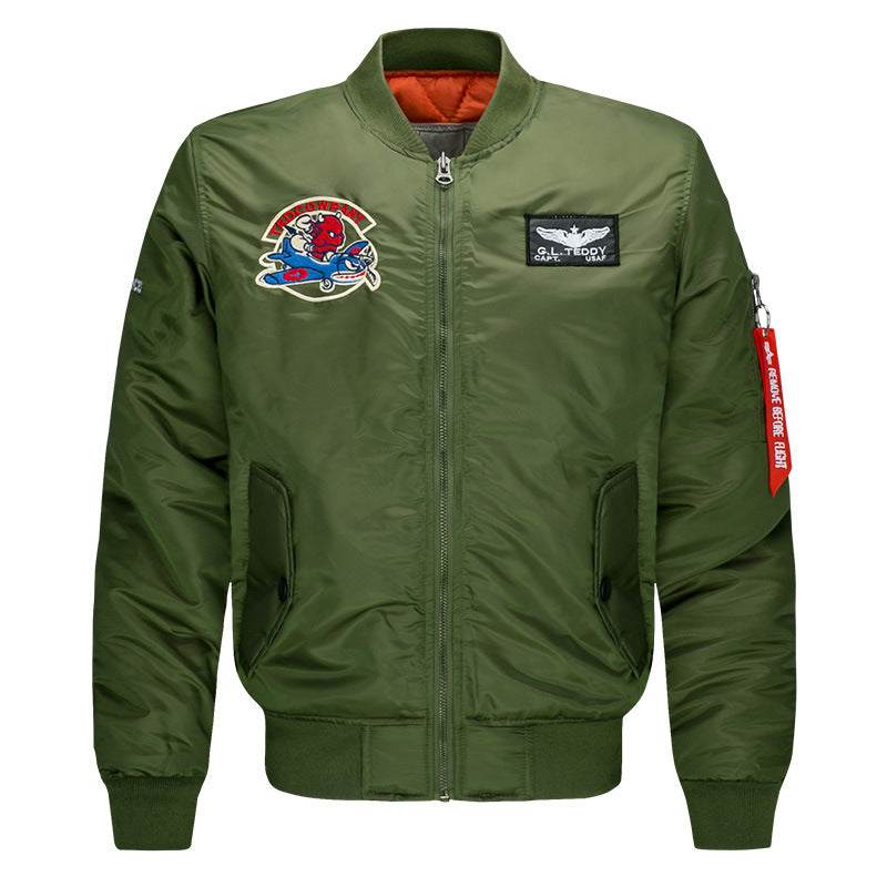 Men's low-profile flight bomber with embroidered crests sleeve zipper utility pocket and insulated orange lining – Brevano
