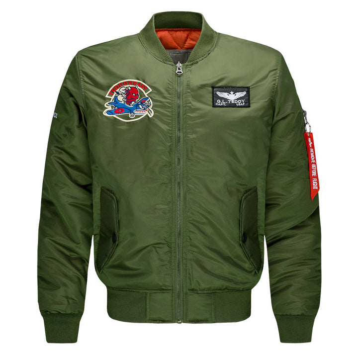 Men's low-profile flight bomber with embroidered crests sleeve zipper utility pocket and insulated orange lining – Brevano