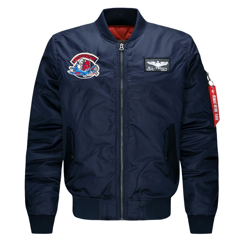 Men's low-profile flight bomber with embroidered crests sleeve zipper utility pocket and insulated orange lining – Brevano