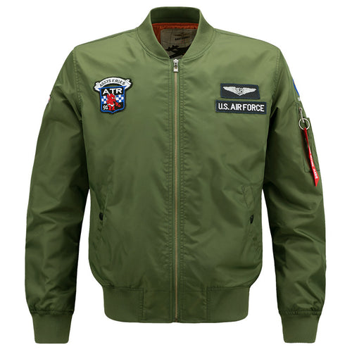 Men's vintage aviator zip bomber jacket with embroidered squadron badges and tool-ring sleeve pocket – Brevano