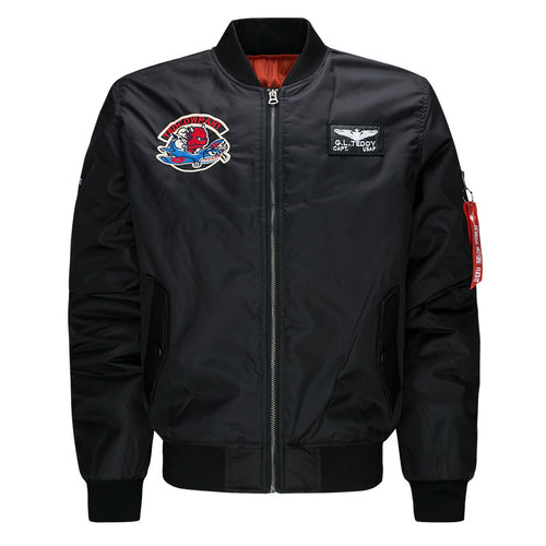 Men's low-profile flight bomber with embroidered crests sleeve zipper utility pocket and insulated orange lining – Brevano
