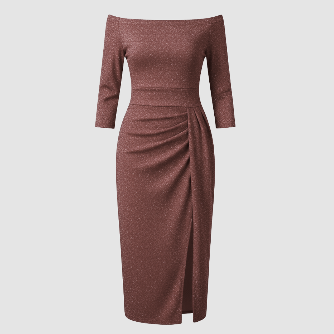 Elegantes Hochzeitsgast Kleid Off Shoulder Lang Satin | Echoarchiv