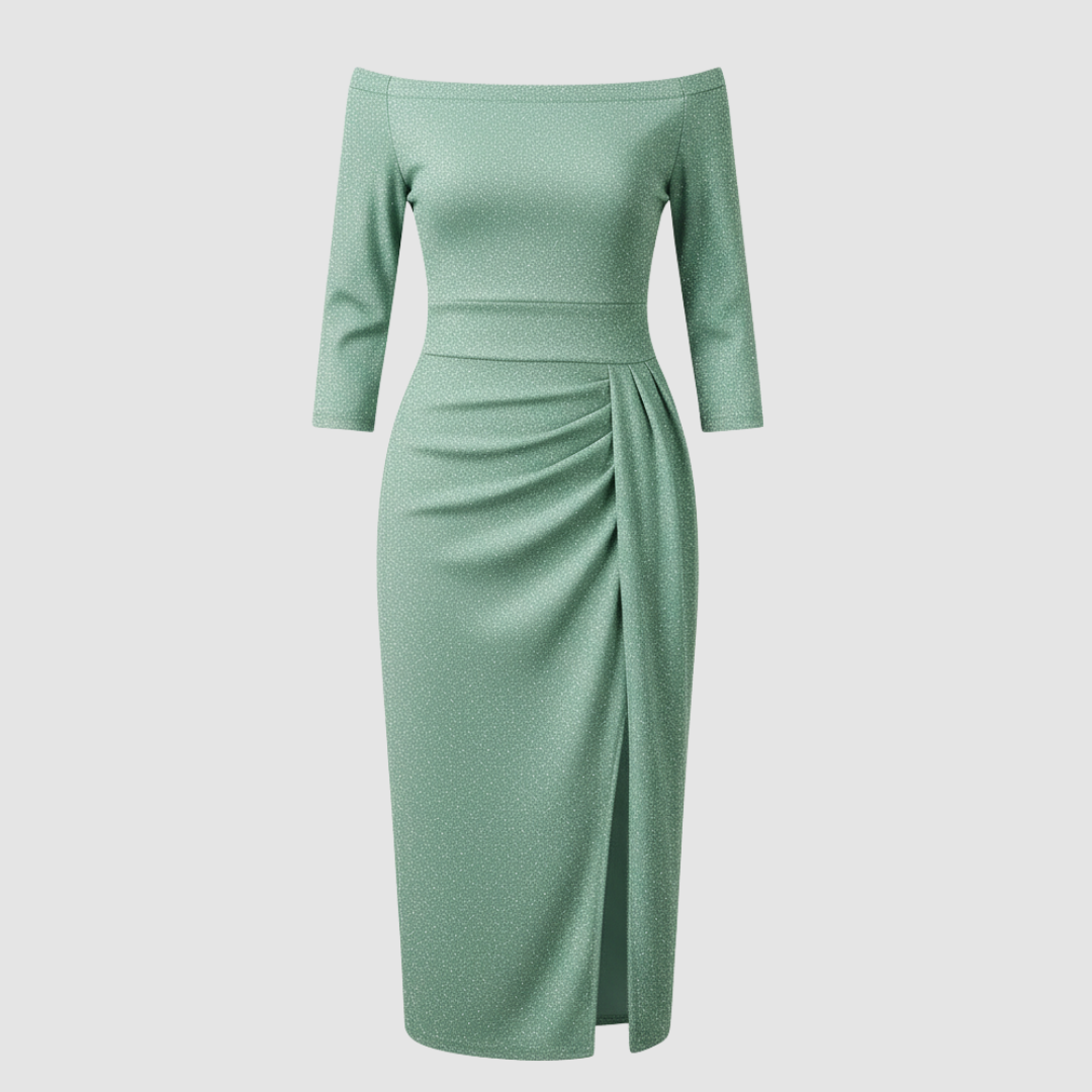 Elegantes Hochzeitsgast Kleid Off Shoulder Lang Satin | Echoarchiv