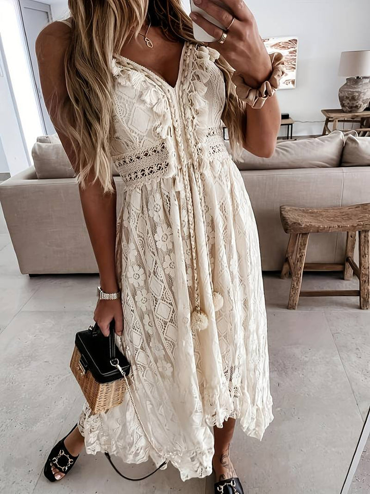 Echoarchiv – boho-maxi-sommerkleid mit spaghettiträgern und v-ausschnitt